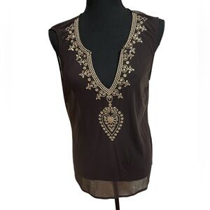 New York & Company Embellished Brown sheer Sleeveless Top